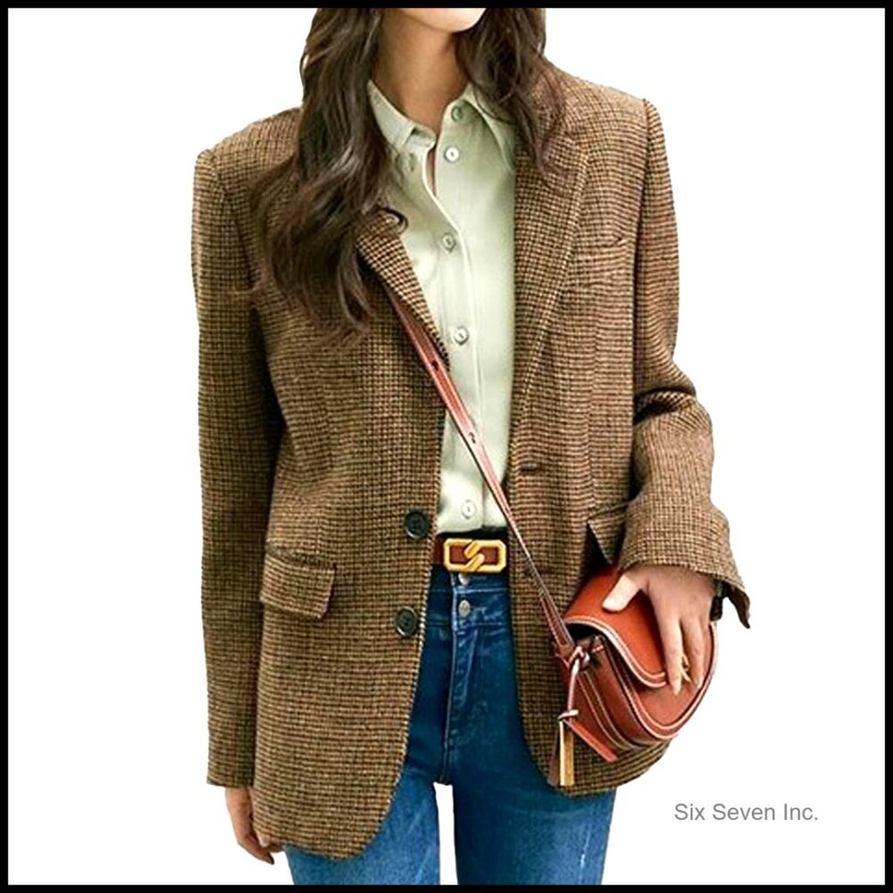 Wool Blend Blazer Jacket Single Breasted Lapel Plaid Business Work Coat - Picture 1 of 7